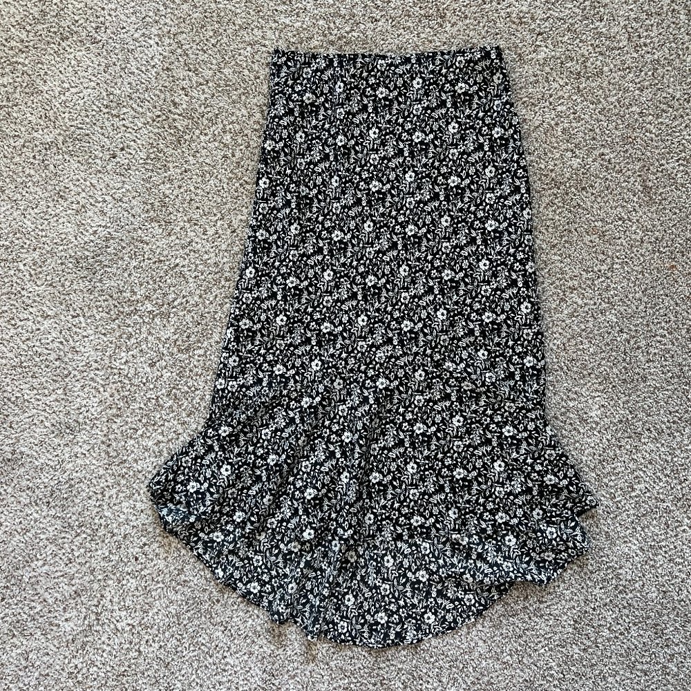 Abercrombie Black and White Floral Satin High Low Skirt